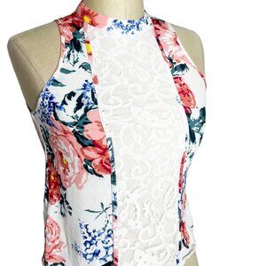 MinkPink Top Womens Size XS White Blue Pink Floral Lace Panel